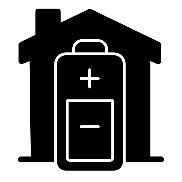 建筑和动力电池固体图标，智能家居符号，发电设施矢量标志，白色背景，智能家居电池充电图标。向量。图片下载