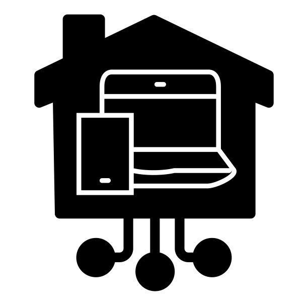 房子与设备固体图标，智能家居概念，平板电脑和笔记本电脑在白色背景上建立矢量标志，多媒体数字设备字形风格的移动，网页设计。向量。图片下载