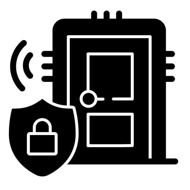 门与安全锁徽章固体图标，智能家居符号，房子安全技术矢量标志在白色背景，小偷保护图标字形风格。矢量图形。图片下载