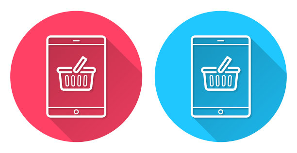带购物篮的平板电脑。圆形图标与长阴影在红色或蓝色的背景图片下载