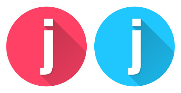 字母j圆形图标，在红色或蓝色背景上的长阴影图片下载