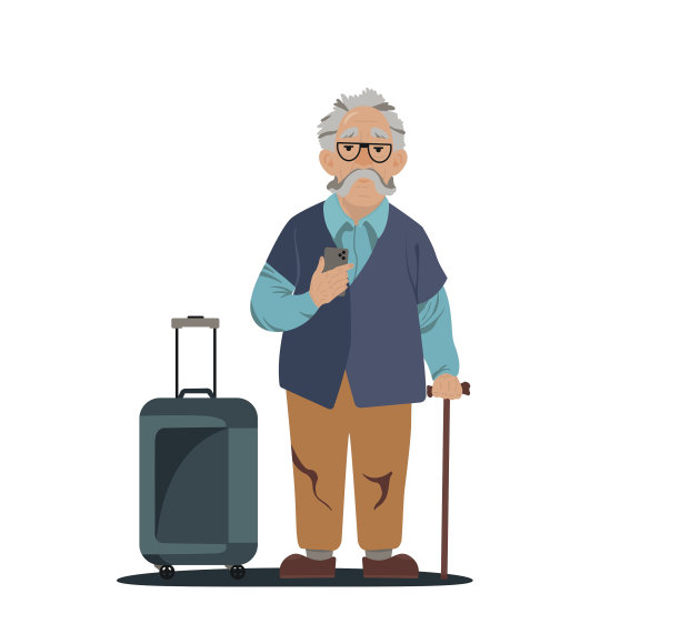 白发苍苍的老人带着一个手机和一个手提箱，退休旅行，休息时间，年龄不是主要的事情图片下载