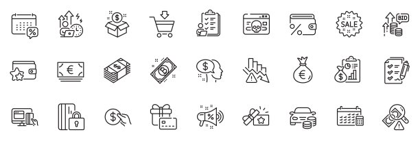 支付、在线支付和欧元货币线条图标包。适用于Web应用程序。矢量图形图片下载