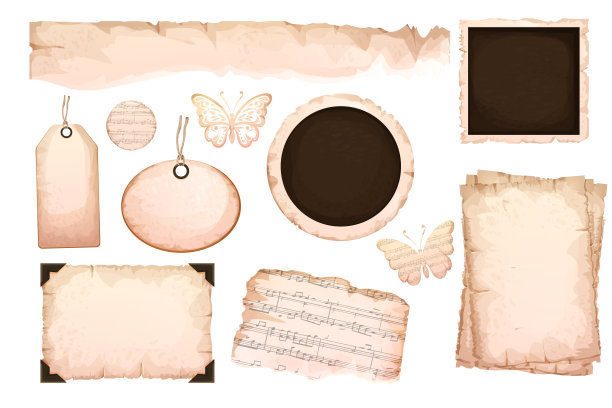 用绳子套上复古的标签，相框片纸蝴蝶从陈年纸盒中取出，隔离在白色背景上，有质感的空框。矢量图图片下载