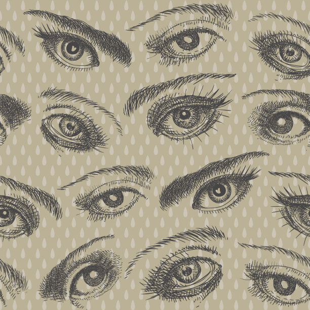 无缝图案与手绘人眼浅米色背景与眼泪水滴图片下载