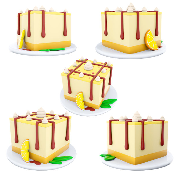 3d渲染柠檬慕斯香草芝士蛋糕图标集。3d渲染蛋糕与巧克力和香草奶油不同位置的图标集图片下载