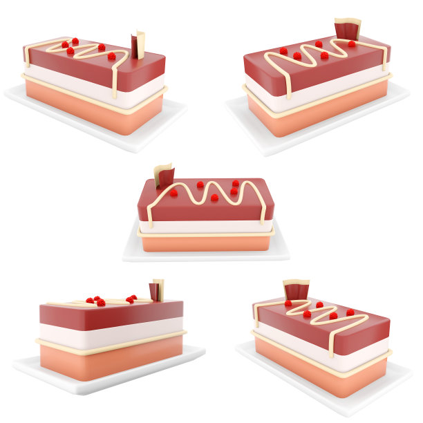 3d渲染芝士蛋糕片覆盆子图标集。3d渲染片普通的芝士蛋糕与黑色和白色巧克力不同的位置图标集图片下载