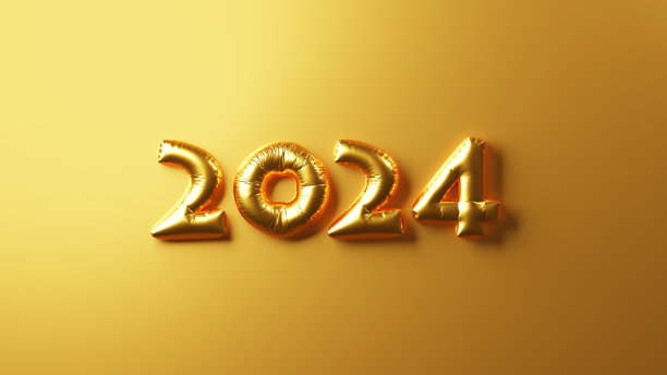 3 d演示。2024年的金色气球号码。黄金的背景。拜年，拜年贺卡材质。(水平)图片下载