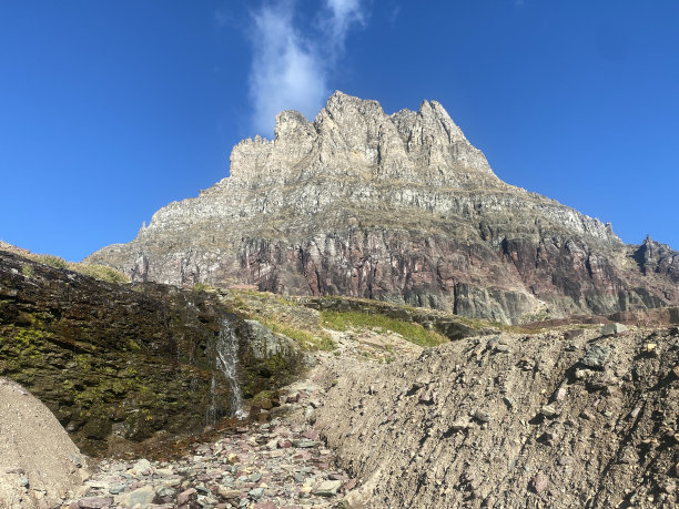 在一个阳光明媚的夏日，美国蒙大拿州冰川国家公园的美丽风景照片，到处都是高山和美丽的森林图片下载