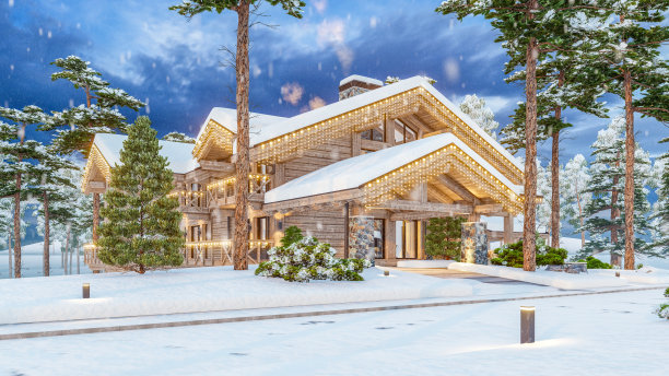 带有游泳池的现代舒适小屋的4K渲染图片下载