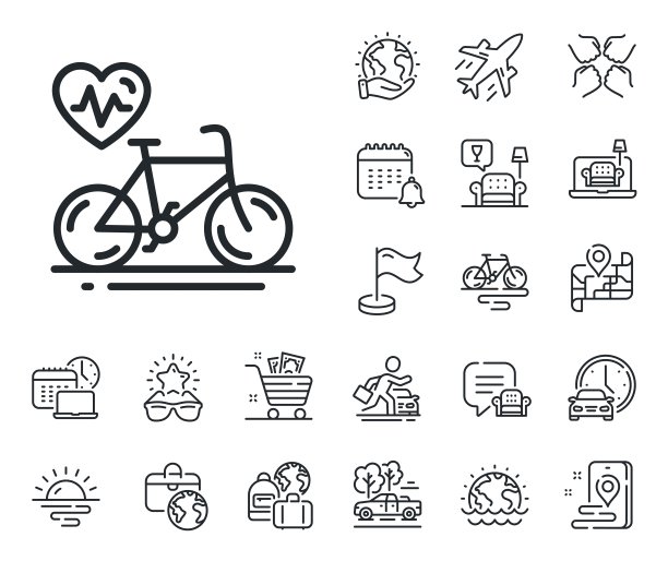 有氧自行车训练线图标。自行车运动标志。飞机、旅行地图和行李领取处。向量图片下载