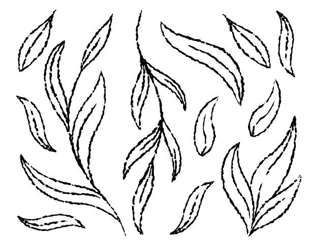 向量集的叶子绘制与一个简单的笔刷图形设计。用毛笔画出叶子的线条图案，用于包装和纺织品的设计元素。叶子图案设计。图片下载