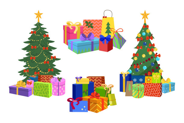圣诞树和成堆的礼品盒矢量插图集图片下载