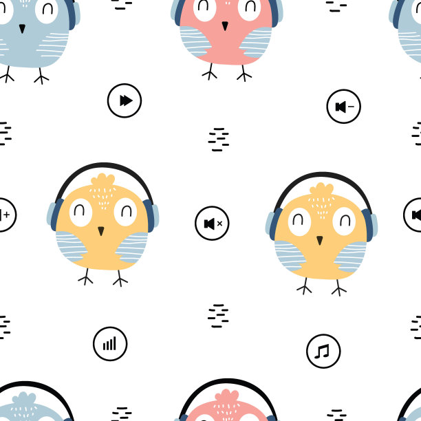 小鸟戴着耳机无缝图案与可爱的卡通动物背景图片下载