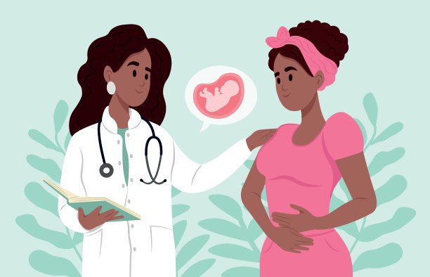 产科医生在检查时询问怀孕的女病人。快乐的年轻孕妇在医院或诊所与她的妇科医生交谈。图片下载