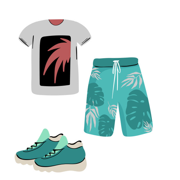 一套男士服装。时尚风格元素。平面设计矢量插图。图片为当天look选择衣服t恤短裤运动鞋图片下载