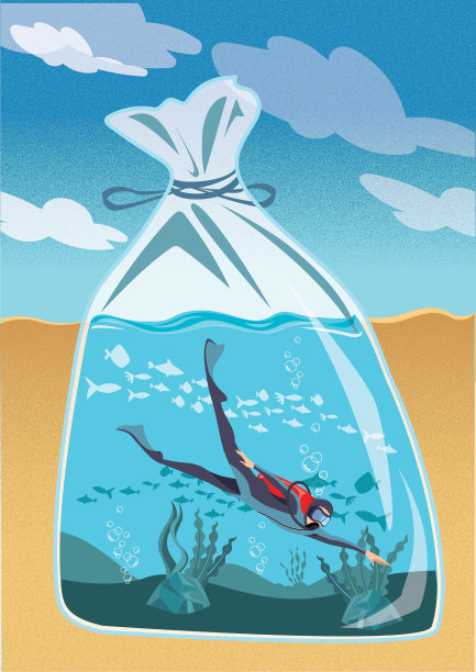 海洋用塑料包裹。窒息海洋。塑料袋污染。潜水员在被塑料袋污染的海洋中潜水。图片下载