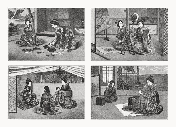日本妇女的家庭场景，半色调版画，出版于1900年图片下载