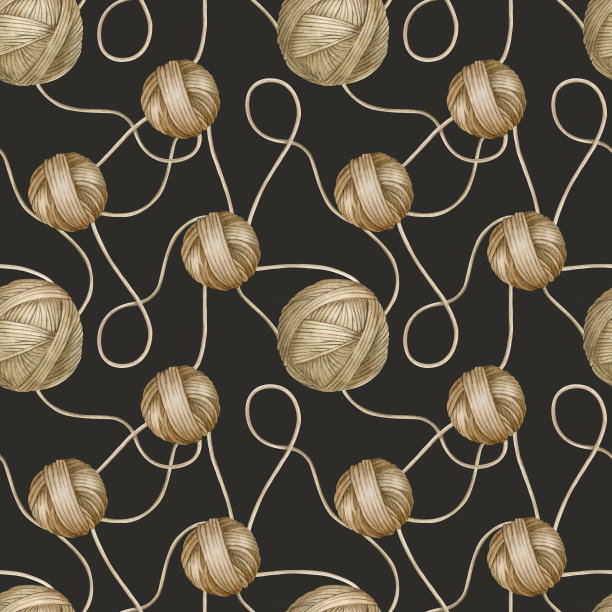 棕色纱线球。编织用纱线白色背景上的水彩无缝图案。适用于织物、包装纸、剪贴簿、产品包装设计、纱线或羊毛店。图片下载