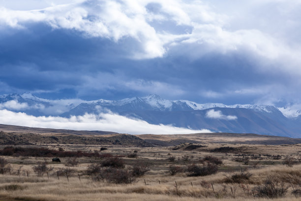 这张照片拍摄的是位于新西兰一大片棕色农田后面的雪山图片下载