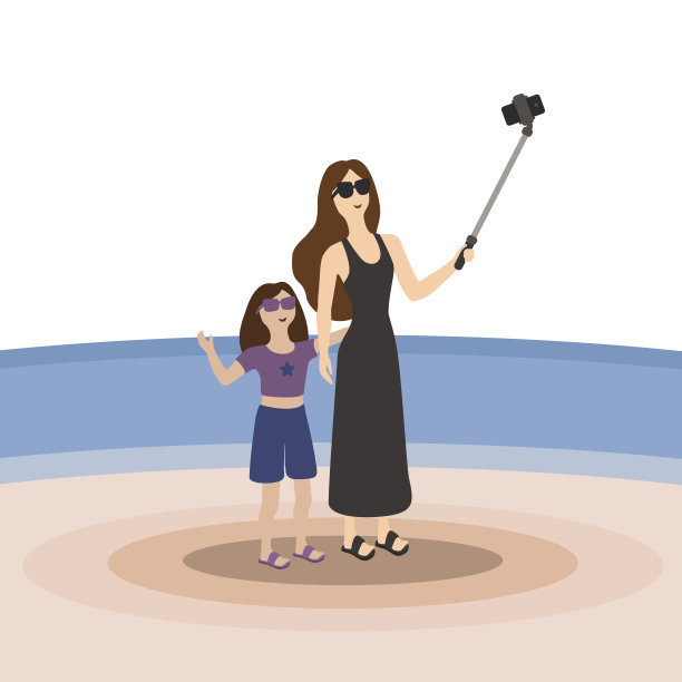 妈妈和女儿在海边用手机拍照图片下载