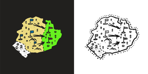 这个国家的古地图。漫画风格的地理。抽象大陆或大陆。手绘雕刻草图。图片下载