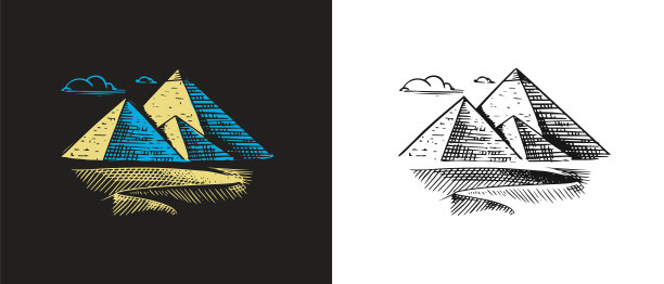 埃及的金字塔。手绘雕刻旧草图。古代世界七大奇迹。图片下载