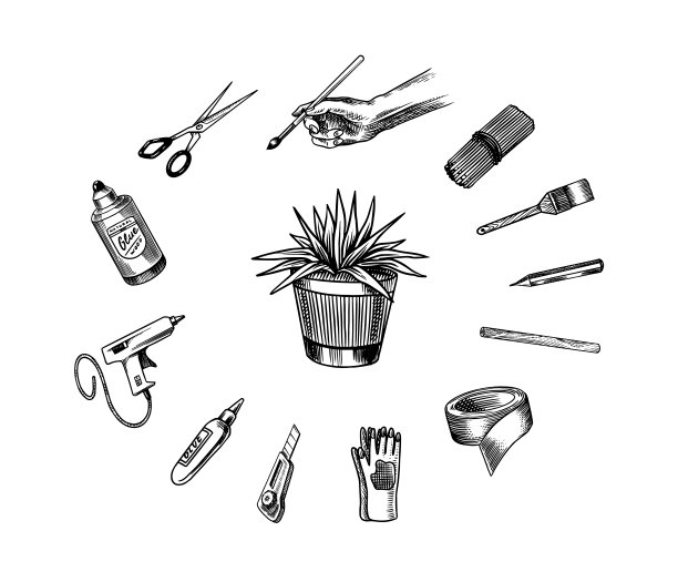 DIY图标。五金店概念。胶水、木板、缝纫机。家居装修用的工具或仪器。横幅海报模板。自己动手吧。手绘的雕刻涂鸦复古素描。图片下载