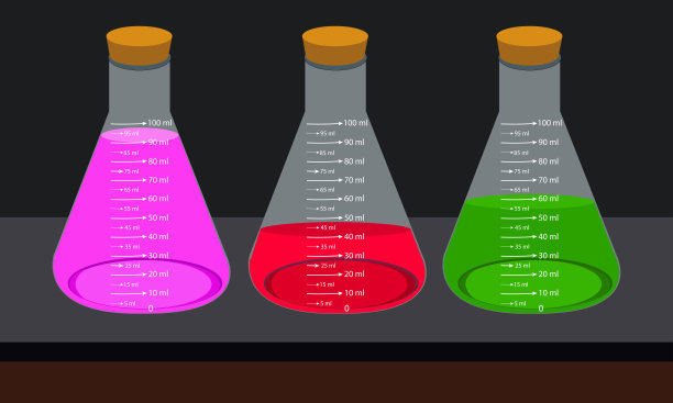 玻璃实验室化学测量瓶。在现实的矢量插图彩色液体。实验室玻璃器皿与化学品。科学或医疗设备。锥形烧瓶。图片下载