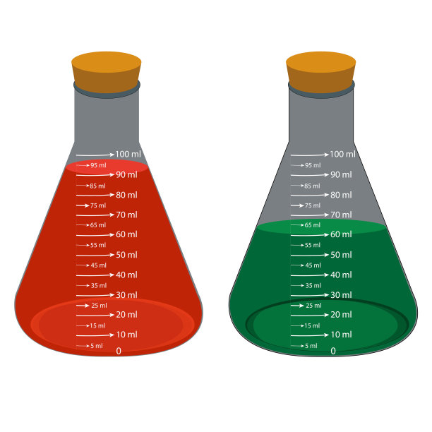 玻璃实验室化学测量瓶。在现实的矢量插图彩色液体。实验室玻璃器皿与化学品。科学或医疗设备。锥形烧瓶。图片下载