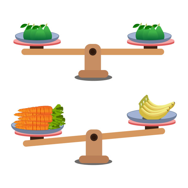 体重秤平衡在一个白色的背景。在一个卡通极简风格的重量比较，显示一个不平衡的情况与跷跷板上的平衡。矢量插图。图片下载