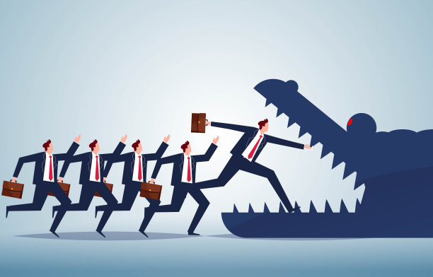 人们在鳄鱼的嘴里奔跑，危险和危机，糟糕的商业决策或事故图片下载