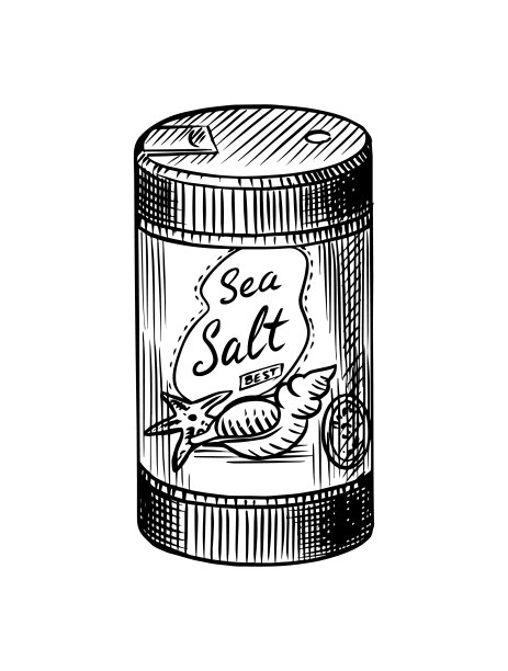 海盐在包装里。碗里有成堆的种子。在一个罐子里放香料。调味剂或生理盐水。复古的背景横幅。刻字手绘老草图。图片下载