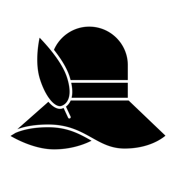 女子海滩帽固体图标，水上乐园概念，帕梅拉帽子标志在白色背景，帽子与羽毛图标在字形风格移动概念网页设计。矢量图形。图片下载