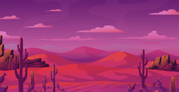 亚利桑那沙漠景观。日落黄昏。山的风景。炎热草原上的仙人掌。粉色峡谷游戏场景。非洲的撒哈拉沙漠。沙丘。风景优美的全景。矢量插图背景图片下载