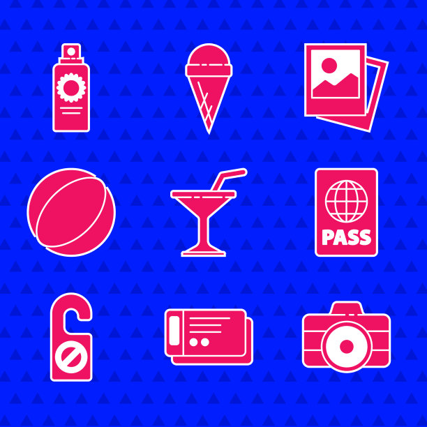 设置马提尼玻璃杯旅行车票照相机图片下载