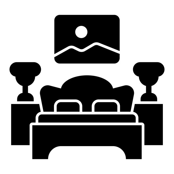 床，床头柜与灯和图片固体图标，室内设计理念，白色背景的卧室标志，房间与床，绘画图标字形风格。矢量图形。图片下载