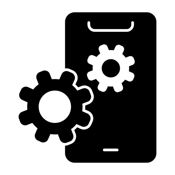 智能手机设置固体图标，智能手机回顾概念，手机屏幕与齿轮图像标志在白色背景，移动定制图标字形风格的网页设计。矢量图形。图片下载