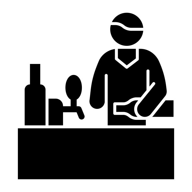 酒吧吧台的酒保，精酿啤酒的概念，白色背景的酒保标志，酒吧柜台和人在酒吧图标的字形风格移动概念网页设计。矢量图形。图片下载