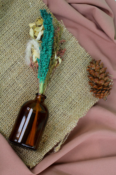 热带背景，一个装满干花的瓶子花瓶图片下载