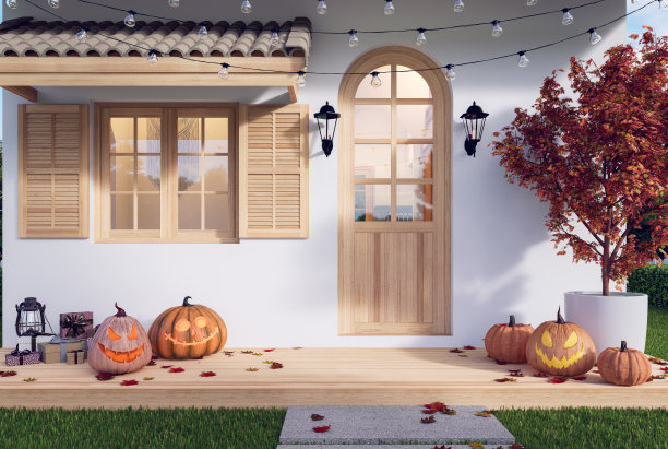 根据万圣节主题3d渲染装饰的小乡村房子的前面图片下载