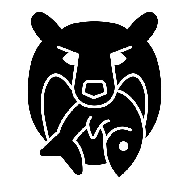熊头与鱼固体图标，海洋概念，熊和鱼公司标志标志在白色背景上，灰熊与鱼图标在移动网页设计的字形。矢量图形。图片下载