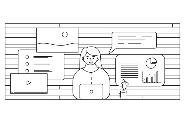 在家工作概念设计：自由职业女性在家用电脑工作图片下载