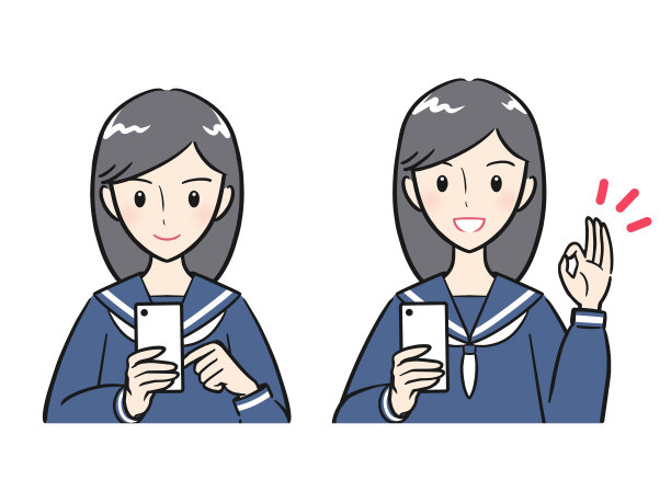 一组女学生操作手机，手持手机，并给出OK手势(彩色)图片下载