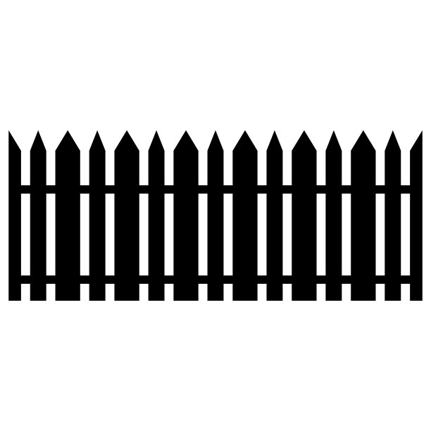黑色木栅栏剪影孤立在白色的背景。装饰木桩栅栏部分设计。矢量平面黑色花园尖桩栅栏设计。矢量木纠察队设计。无缝的边界。图片下载