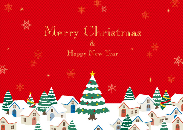 手绘的雪景圣诞市景。红色人字形图案背景。图片下载