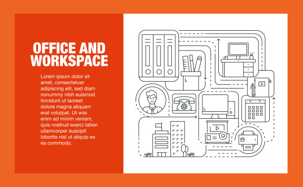 办公室和工作空间线图标集和横幅设计。设计是可编辑的，颜色可以改变。矢量创意图标集:办公桌，电话，办公用品，笔记本电脑，文件夹，打印机图片下载