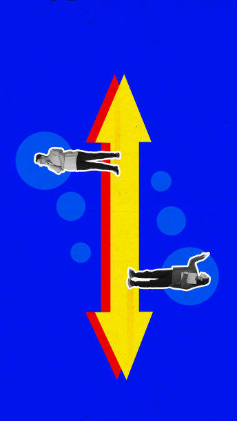 海报。当代艺术拼贴。黑白伽玛商务人士、上班族呆在箭头两侧，隔在明亮的背景上。图片下载