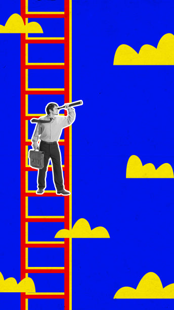 海报。当代艺术拼贴。单色伽玛商人，上班族与望远镜隔离在明亮的背景上。图片下载