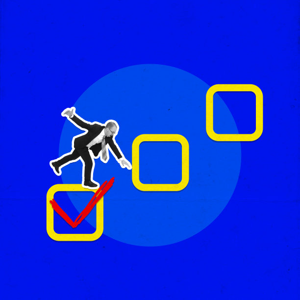 海报。当代艺术拼贴。激动的黑白伽玛商人在方格上用勾勾平衡，在明亮的蓝色背景上孤立地检查图片下载